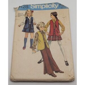 SIMPLICITY 7428 Girls 14 Sewing Pattern Vest Blouse Skirt Pants Vintage 70s